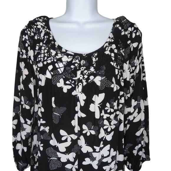 Talbots Womens Black White Butterfly 3/4 Sleeve Tunic Top S Crochet Detail - Picture 5 of 12